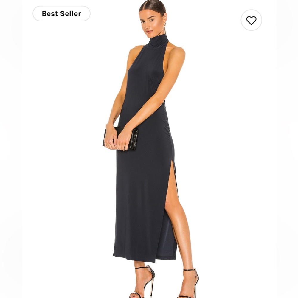 Norma Kamali Halter Turtle Side Slit Gown- Pewter M